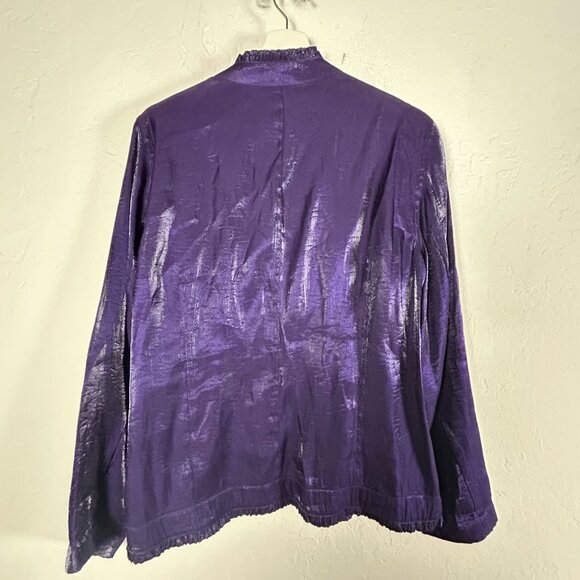 Chico's Womens Open Front Ruffle Trim Jacket Size 2 Metallic Purple Lightweight - Picture 2 of 8